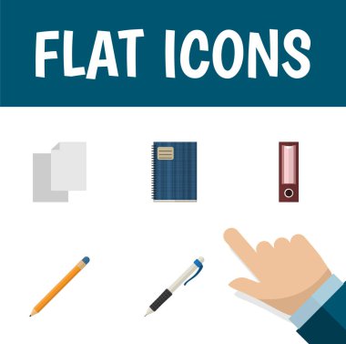 Düz simgesi ekipman kalem, çarşaf, defterini ve diğer vektör nesnelerini ayarlayın. Not Defteri'nde, dosya, araç öğeleri de içerir.