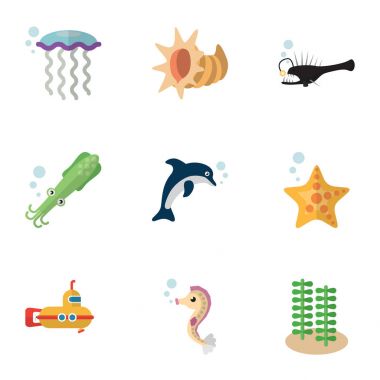 Düz simgesi doğa deniz yıldızı, balık, oynak balık ve diğer vektör nesnelerini ayarlayın. Ayrıca Spirulina, denizanası, Yunus öğeleri içerir.