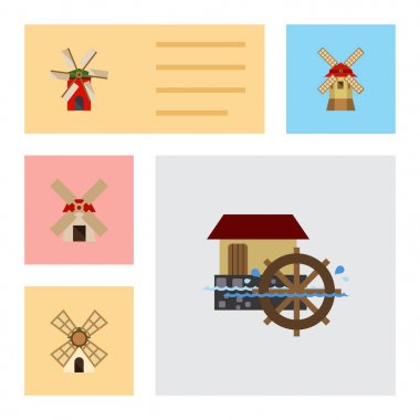 Düz simgesi Mill güç, türbin, tekerlek ve diğer vektör nesneleri kümesi. Ayrıca çiftlik, yel değirmeni, tekerlek unsurları içerir.