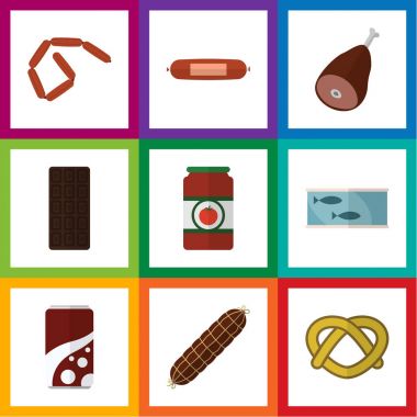 Düz simgesi gıda kümesi Kielbasa, çerez, tütsülenmiş sosis ve diğer vektör nesneleri. Ayrıca içerir, konserve et, Frankfurt öğeleri.