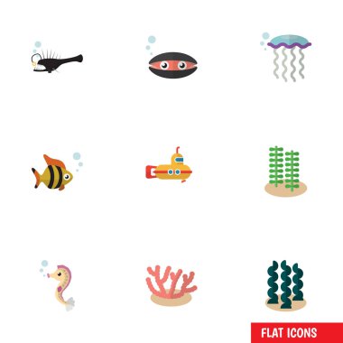 Düz simgesi doğa deniz ürünleri, yosun, Hipokampus ve diğer vektör nesnelerini ayarlayın. Ayrıca deniz, denizaltı, yosun öğeleri içerir.