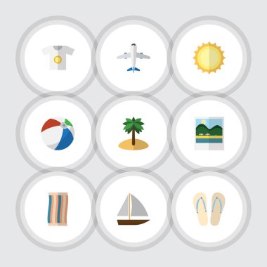 Düz simgesi Beach Küre, Hindistan cevizi, uçak ve diğer vektör nesneleri kümesi. Ayrıca güneş, Palm, yat öğeleri içerir.