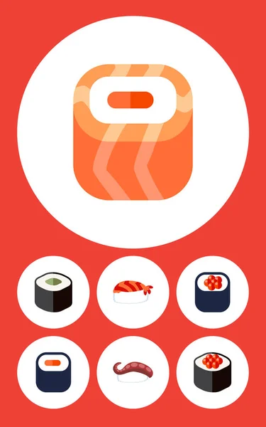 Icono plano Salmón Conjunto de Comer, Sashimi, Maki y otros objetos vectoriales. También incluye Gourmet, Sushi, Elementos alimenticios . — Vector de stock