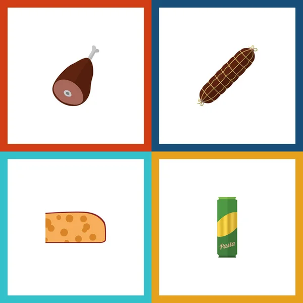 Platte Icon voedsel Set van rookworst, Cheddar Slice, Spaghetti en andere vectorobjecten. Omvat ook gerookt, Ham, Pasta elementen. — Stockvector
