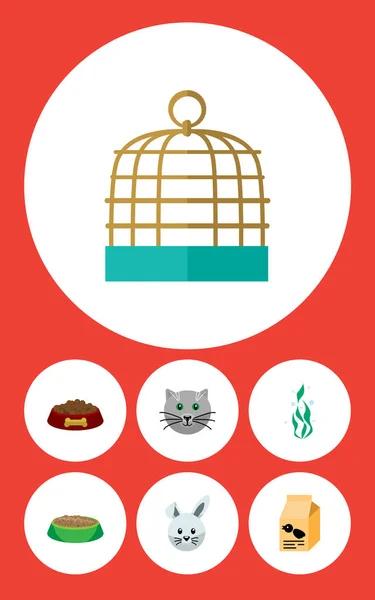 Platte dierlijke pictogrammenset van voeding doos, zeewier, Kitty en andere vectorobjecten. Bevat ook planten, Water, Cage elementen. — Stockvector