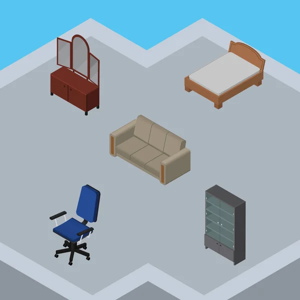 Isometrisk inredning uppsättning soffan, Office, låda och andra vektorobjekt. Innehåller även skåp, soffa, skåp element. — Stock vektor