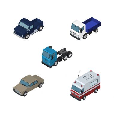 İzometrik taşıma kamyon, otomatik, kamyon ve diğer vektör nesneleri kümesi. Ayrıca yardım, Araba, otomatik öğeleri içerir.