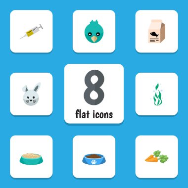 Düz simgesi hayvan beslenme, deniz yosunu, kök sebze ve diğer vektör nesneleri kümesi. Aynı zamanda su, şırınga, Hare unsurları içerir.