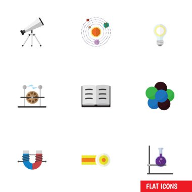 Düz simgesi bilgi kümesi ampul, kimyasal, Proton ve diğer vektör nesneleri. Ayrıca teleskop, molekül, tüp unsurları içerir.
