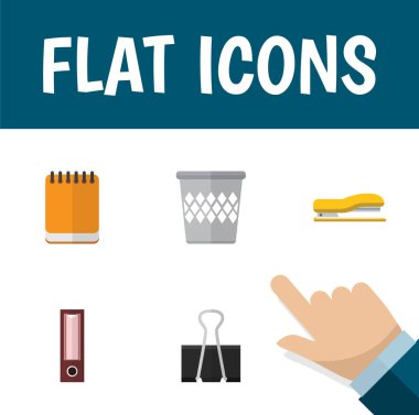 Düz simge Kırtasiye çöp tenekesi, sarf malzemeleri, ataş ve diğer vektör nesnelerini ayarlayın. Ayrıca kağıt, malzemeleri, Not Defteri öğelerini içerir.