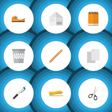 Düz simgesi ekipman kalem, yapışkan, çöp tenekesi ve diğer vektör nesneleri ayarlayın. Sepet, makas, dosya öğeleri de içerir.