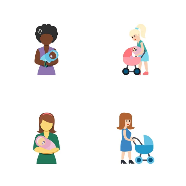 Platte pictogram bovenliggende Set van Perambulator, vrouw, moeder en andere vectorobjecten. Ook vrouw, kind, Mam elementen. — Stockvector