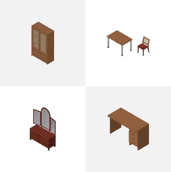 Isometrisches Einrichtungsset aus Tisch, Schrank, Schublade und anderen Vektorobjekten. umfasst auch Schrank, Möbel, Schrankelemente. — Stockvektor
