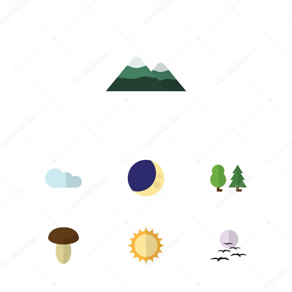 Flat Icon Bio Set Of Gull, Overcast, Champignon And Other Vector Objects. Also Includes Forest, Cloud, Mountain Elements.