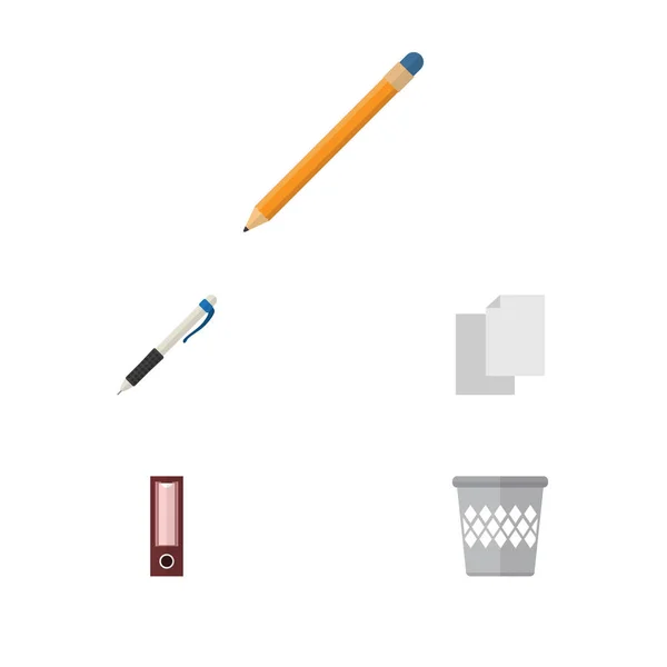 Icono plano equipo conjunto de hojas, lápiz, dosificador y otros objetos vectoriales. También incluye escritura, en blanco, elementos de la cesta . — Archivo Imágenes Vectoriales