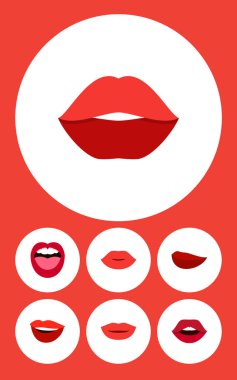 Düz simgesi dudaklar kümesi ağız, diş, öpücük ve diğer vektör nesneleri. Ayrıca öpücük, diş, pomad unsurları içerir.
