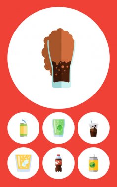 Düz simgesi içecek kümesi şişe, limonata, kupa ve diğer vektör nesneleri. Ayrıca gazlı, içerir Soda, meyve suyu öğeleri.