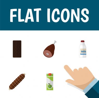 Düz simgesi tütsülenmiş sosis, şişe, paket içecek ve diğer vektör nesneleri kümesi yeme. Aynı zamanda Bar, şişe, içerir konfeksiyon öğeleri.