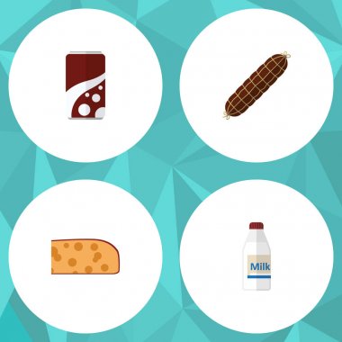 Tütsülenmiş sosis, şişe, gazlı içecek ve diğer vektör nesnelerini düz simgesi Mama seti. Ayrıca Hollanda, Kahvaltı, peynir unsurları içerir.