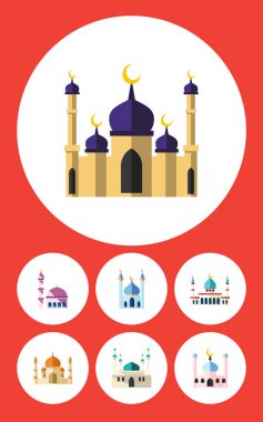 Düz simgesi bina Camii, mimari, yapısı ve diğer vektör nesneleri kümesi. Ayrıca Müslüman, Minare, cami öğeleri içerir.