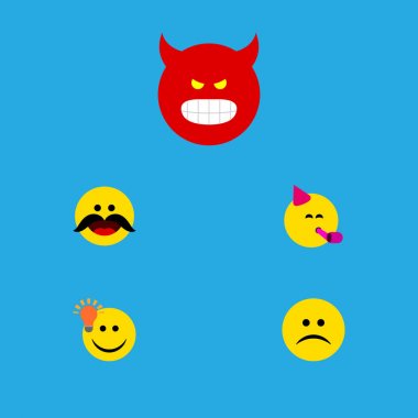 Düz simgesi hareket kümesini neşeli, somurtarak, parti zamanı ifade ve diğer vektör nesneleri. Surat asmayı, kaşlarını, parti öğeleri de içerir.