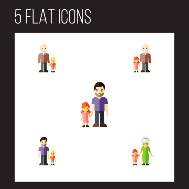 Düz simgesi aile evlat, büyükbaba, torunu vektör nesnelerini ayarlayın. Ayrıca torunu, büyükanne, baba unsurları içerir.