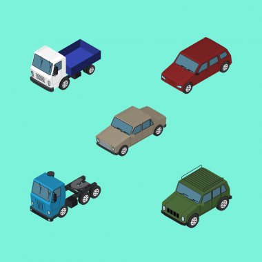 Araba, kamyon, kamyonet ve diğer vektör nesnelerini izometrik otomobil kümesi. Ayrıca içerir otomatik, Motor, kamyon öğeleri.