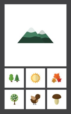 Zirve, Champignon, orman ve diğer vektör nesnelerini düz simgesi doğal kümesi. Orman, ağaç, dağ öğeleri de içerir.