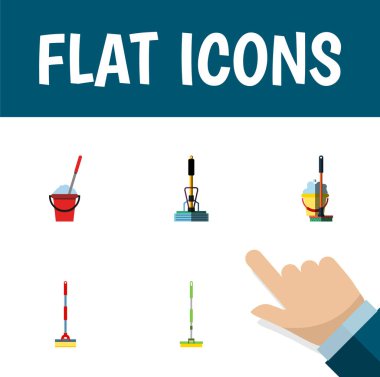 Kova, paspas, süpürge ve diğer vektör nesnelerini düz simge paspas seti. Ayrıca temizlik, süpürge, süpürme öğeleri içerir.