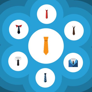 Düz simge giyim seti, terzilik, takım elbise, kravat ve diğer vektör nesnelerine. Ayrıca yaka, tarzı, giyim öğeleri içerir.