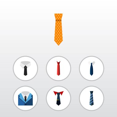 Düz simgesi giyim, giyim, terzilik, stil ve diğer vektör nesneleri ayarlayın. Ayrıca yaka, kravat, gömlek öğeleri içerir.