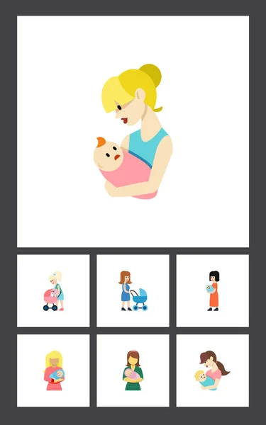 Sada ploché ikon Mam Kid, děti, ženy a ostatní vektorové objekty. Zahrnuje také novorozence, Kid, kočárkem prvky. — Stockový vektor