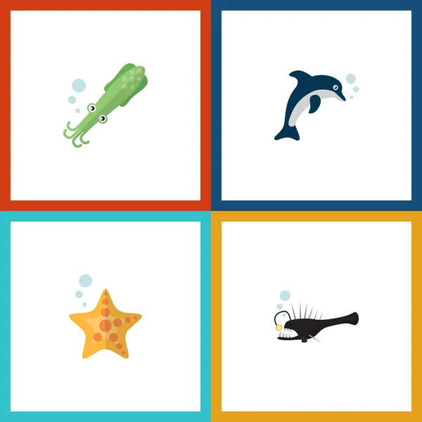 Icono plano Naturaleza conjunto de peces, pulpo, estrella de mar y otros objetos vectoriales. También incluye tentáculo, pescador, elementos del melanoceto . — Vector de stock