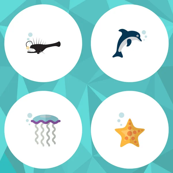 Icono plano Naturaleza conjunto de peces juguetones, estrella de mar, peces y otros objetos vectoriales. También incluye Melanocetus, bajo el agua, elementos medusas . — Vector de stock