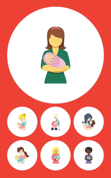 Flat ikonen Mam uppsättning nyfödd Baby, barn, förälder och andra vektorobjekt. Innehåller även Baby, Kvinna, barnvagn element. — Stock vektor