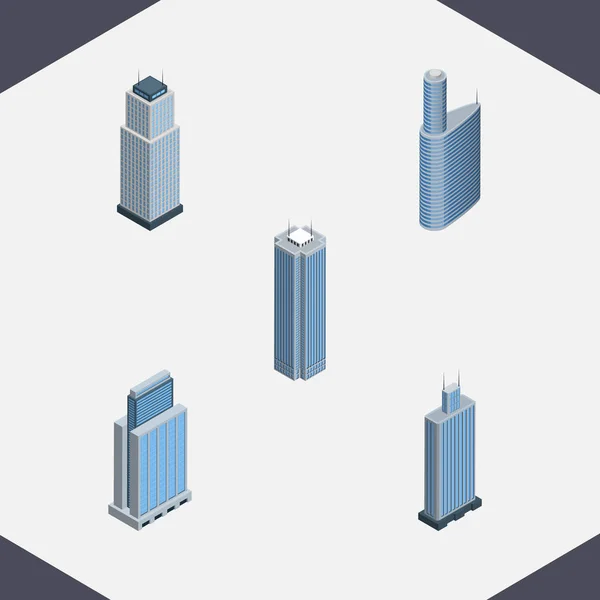 Conjunto de construcción isométrica de torre, rascacielos, urbano y otros objetos vectoriales. También incluye Edificio, Apartamento, Elementos del Centro . — Archivo Imágenes Vectoriales