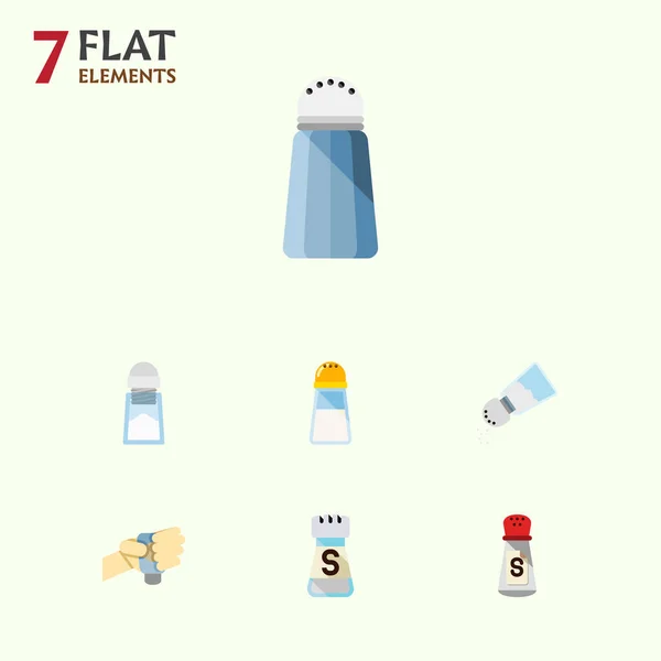 Platte pictogram natrium Set Saltshaker, smaak, Shaker en andere vectorobjecten. Omvat ook fles, smaak, Shaker elementen. — Stockvector