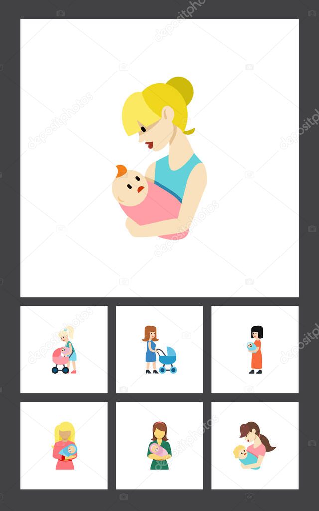 Flat Icon Mam Set Of Kid, Child, Woman And Other Vector Objects. Also Includes Newborn, Kid, Perambulator Elements.