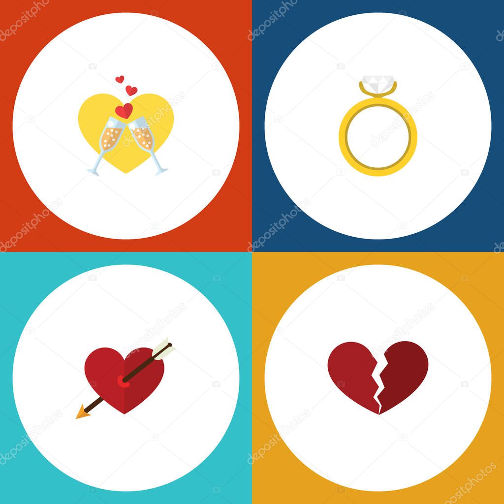 Flat Icon Love Set Of Heart, Divorce, Celebration And Other Vector Objects. Also Includes Wineglasses, Arrow, Ring Elements.