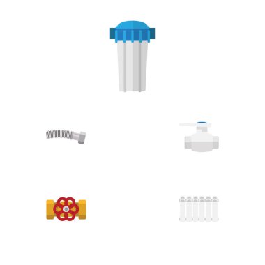 Su filtresi, radyatör, oluklu boru ve diğer vektör nesnelerini düz simgesi sıhhi kümesi. Ayrıca filtrasyon, boru, Vana unsurları içerir.