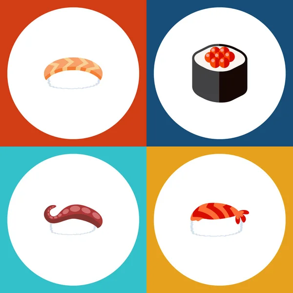 일본 요리, 해산물, 생선 회와 다른 벡터 개체의 평면 아이콘 초밥 세트. 또한 롤, 음식, 마 키 요소를 포함. — 스톡 벡터