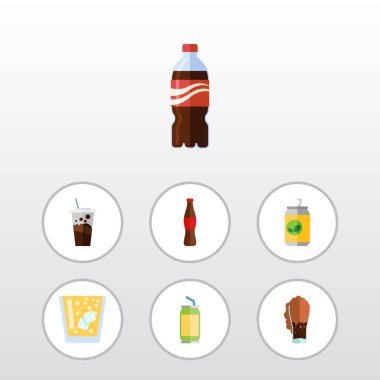 Düz simgesi içki dizi suyu, içki, gazlı ve diğer vektör nesneleri. Ayrıca meyve suyu, limonata, Soda öğeleri içerir.
