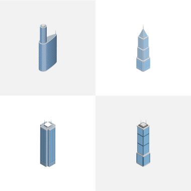 İzometrik bina bina, daire, gökdelen ve diğer vektör nesneleri kümesi. Ayrıca içerir Cityscape, iş, Merkezi elemanları.