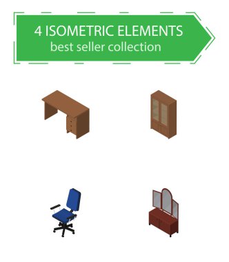 İzometrik mobilya dolap, Masa, Office ve diğer vektör nesneleri kümesi. Ayrıca dolap, büfe, koltuk öğeleri içerir.
