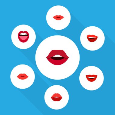 Düz simgesi dudaklar kümesi gülmek, dil, gülümseme ve diğer vektör nesneleri. Ayrıca ağız, dudak, dil unsurları içerir.