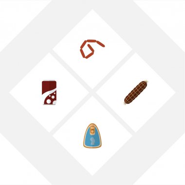 Tütsülenmiş sosis, gazlı içecek, Bratwurst ve diğer vektör nesnelerini düz simge yemek seti. Hotdog, fileto, tavuk öğeleri de içerir.