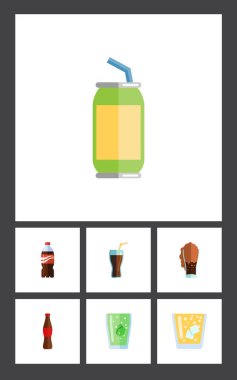 Soda, limonata, içecek ve diğer vektör nesnelerini düz simge Soda seti. Ayrıca Kupası, gazlı, içki öğeleri içerir.