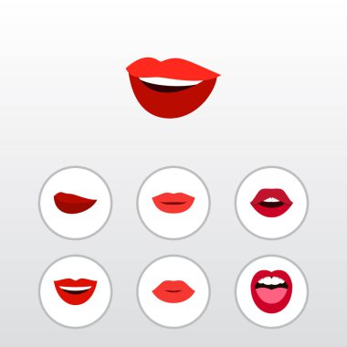 Düz simgesi ağız kümesi dil, ruj, kahkaha ve diğer vektör nesneleri. Ayrıca dudak, ağız, diş öğeleri içerir.