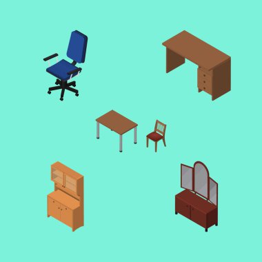 İzometrik mobilya sandalye, Masa, dolap ve diğer vektör nesneleri kümesi. Ayrıca mobilya, Danışma, sandalye parçaları içerir.