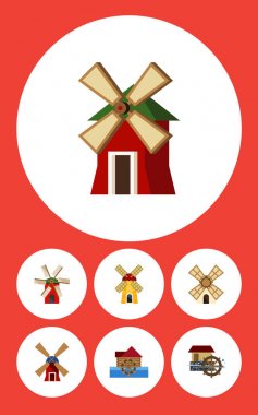Düz simgesi Mill dizi yel değirmeni, tekerlek, kırsal ve diğer vektör nesneleri. Ayrıca Rüzgar, enerji, ekoloji öğeleri içerir.